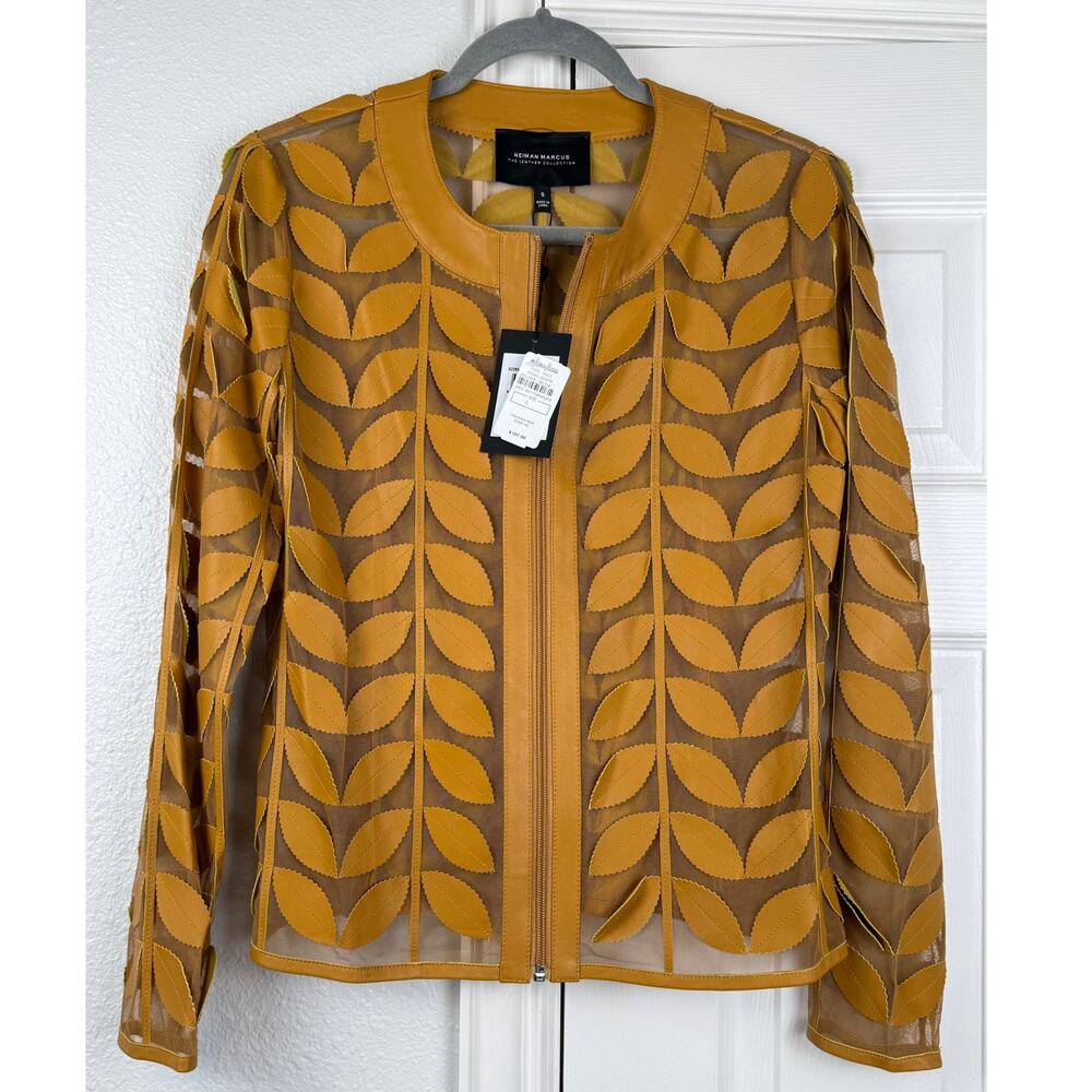 Neiman Marcus Leather Collection NWT Leather Leaf Applique Mesh Jacket S